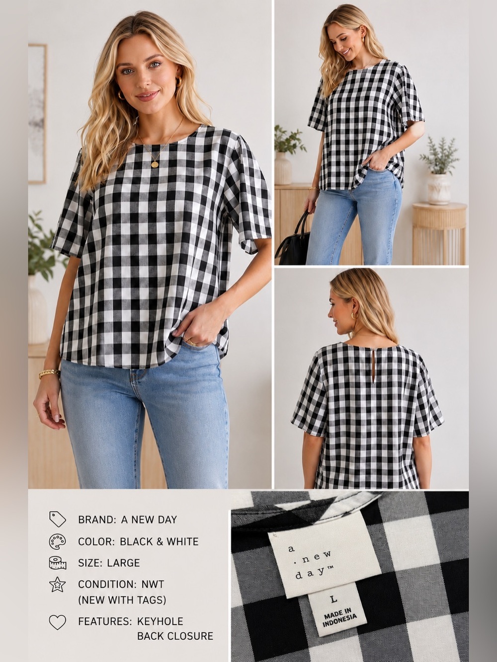 A New Day Black and White Buffalo Plaid Flutter Sleeve Top Size Large NWT